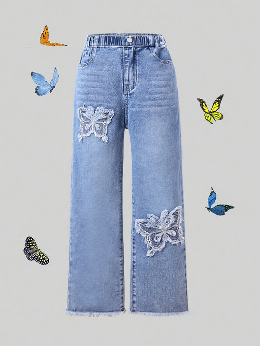 Elegant Butterflies Patches Straight Jeans For Girls, Comfy Denim Cotton Elastic Waist Casual Loose Trousers - Versatile For Street/ Everyday