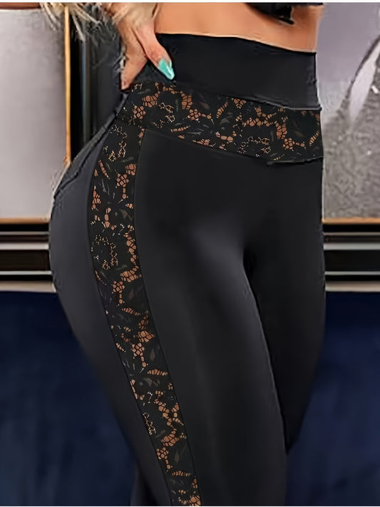 1pc Women's Sexy Lace-Trimmed High-Waisted Yoga Pants, 95% Polyester 5% Elastane Knit Fabric, All-Season Solid Color Skinny Leggings with Contrast Lace Detail, Wealth Attracting, European And American Style, Booty Lift